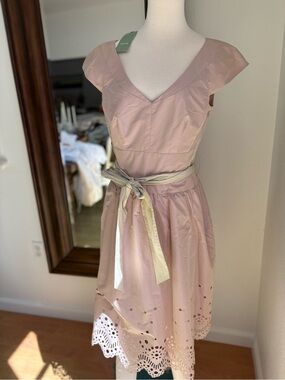 Fit-and-Flare Pink Midi Dress with Eyelet Hem and Contrast Waist Tie